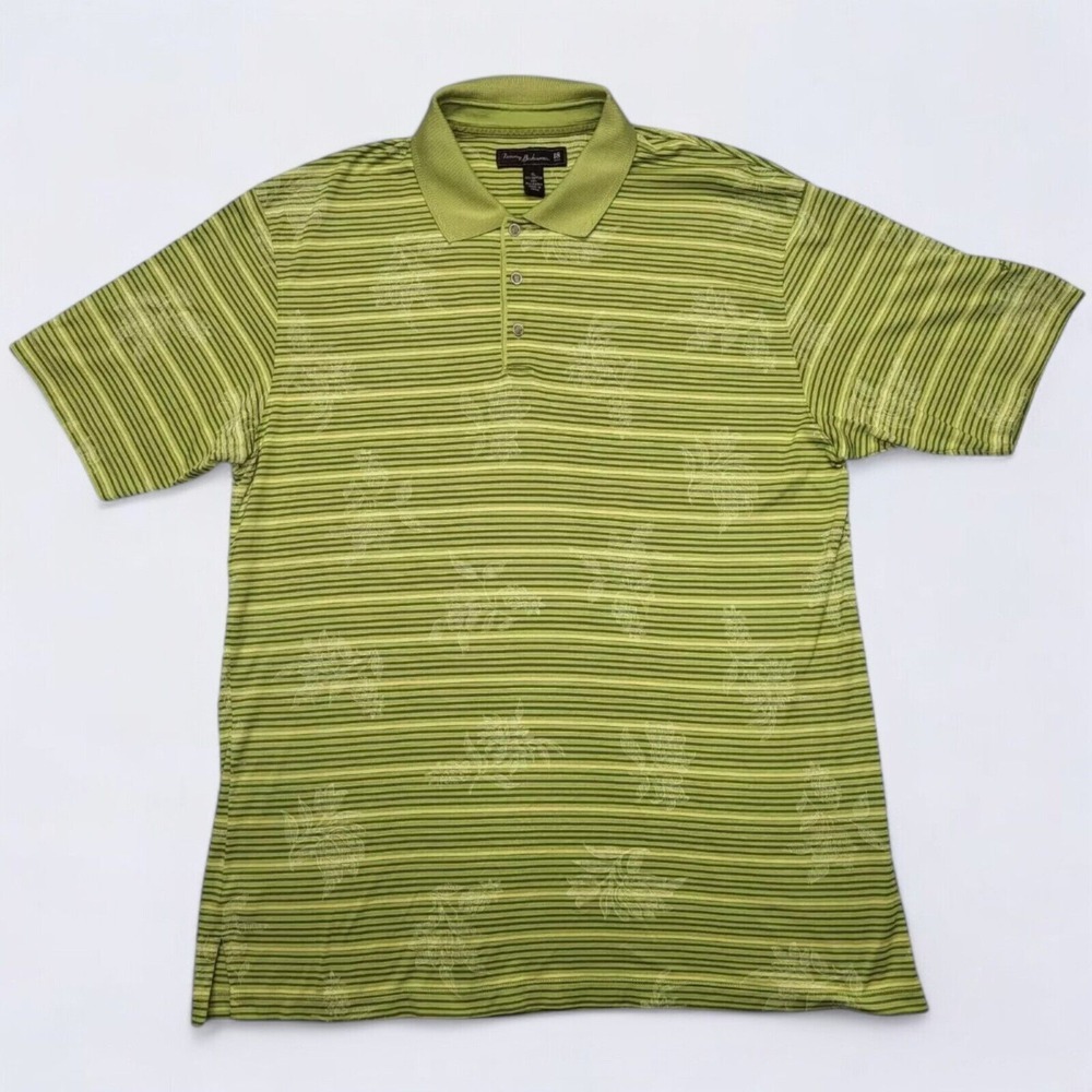 Tommy Bahama Polo Shirt Men's XL Green Floral Striped Short Sleeve Stretch Golf
